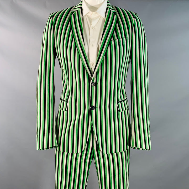 WALTER VAN BEIRENDONCK SS17 Size 42 Long Green Black White Wool Cotton Stripe Suit