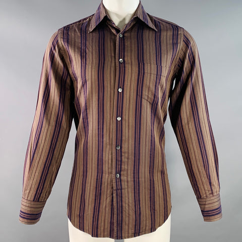 DOLCE & GABBANA Size S Brown Navy Stripe One Pocket Long Sleeve Shirt