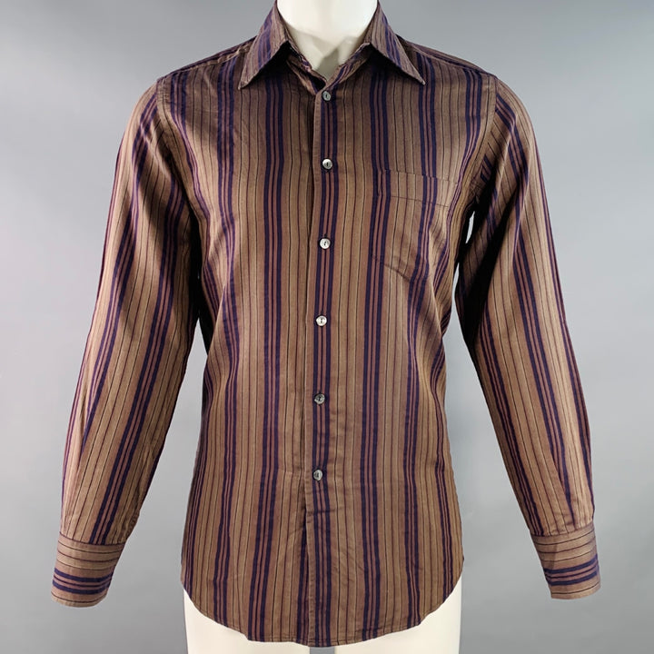 DOLCE & GABBANA Size S Brown Navy Stripe One Pocket Long Sleeve Shirt