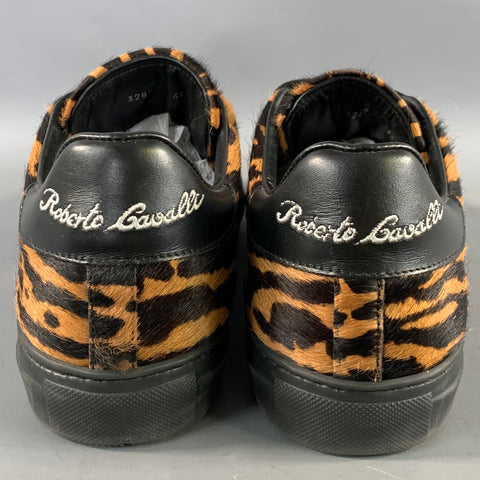 ROBERTO CAVALLI Size 11 Brown Black Animal Print Pony Hair Low Top Sneakers