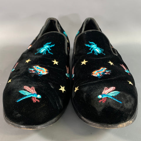 PAUL SMITH Size 11 Black Multi Color Embroidery Velvet Slip On Loafers