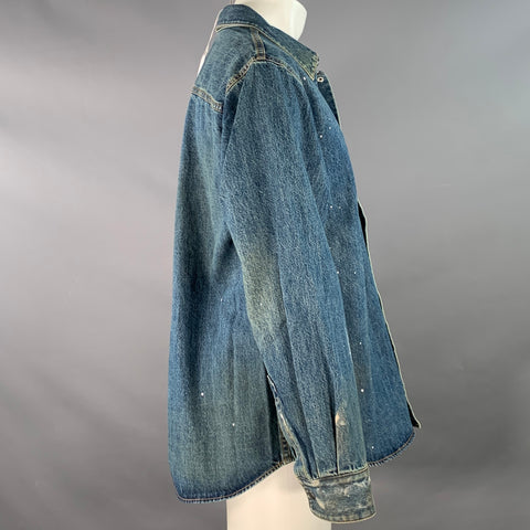 HELMUT LANG Size M Indigo Painter Blue Paint Splatter Cotton One Pocket Snaps Jacket