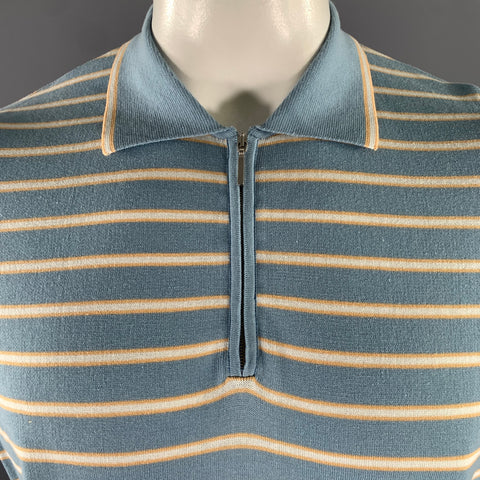ZEGNA Size L Blue Orange White Stripe Cotton Quarter Zip Polo