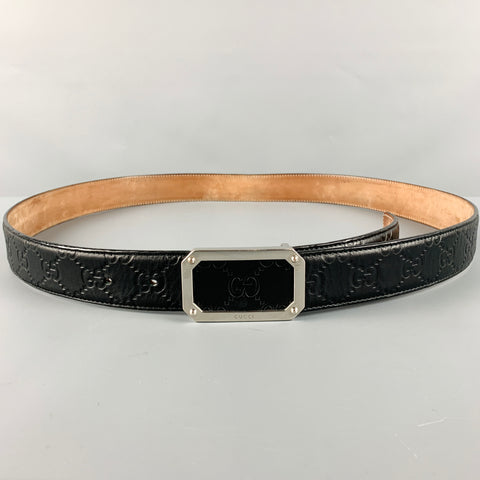 GUCCI Size 42 Black Silver Embossed Leather Belt