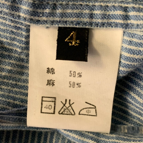 KAPITAL Size XL Blue White Stripe Cotton Linen Band Collar Long Sleeve Shirt