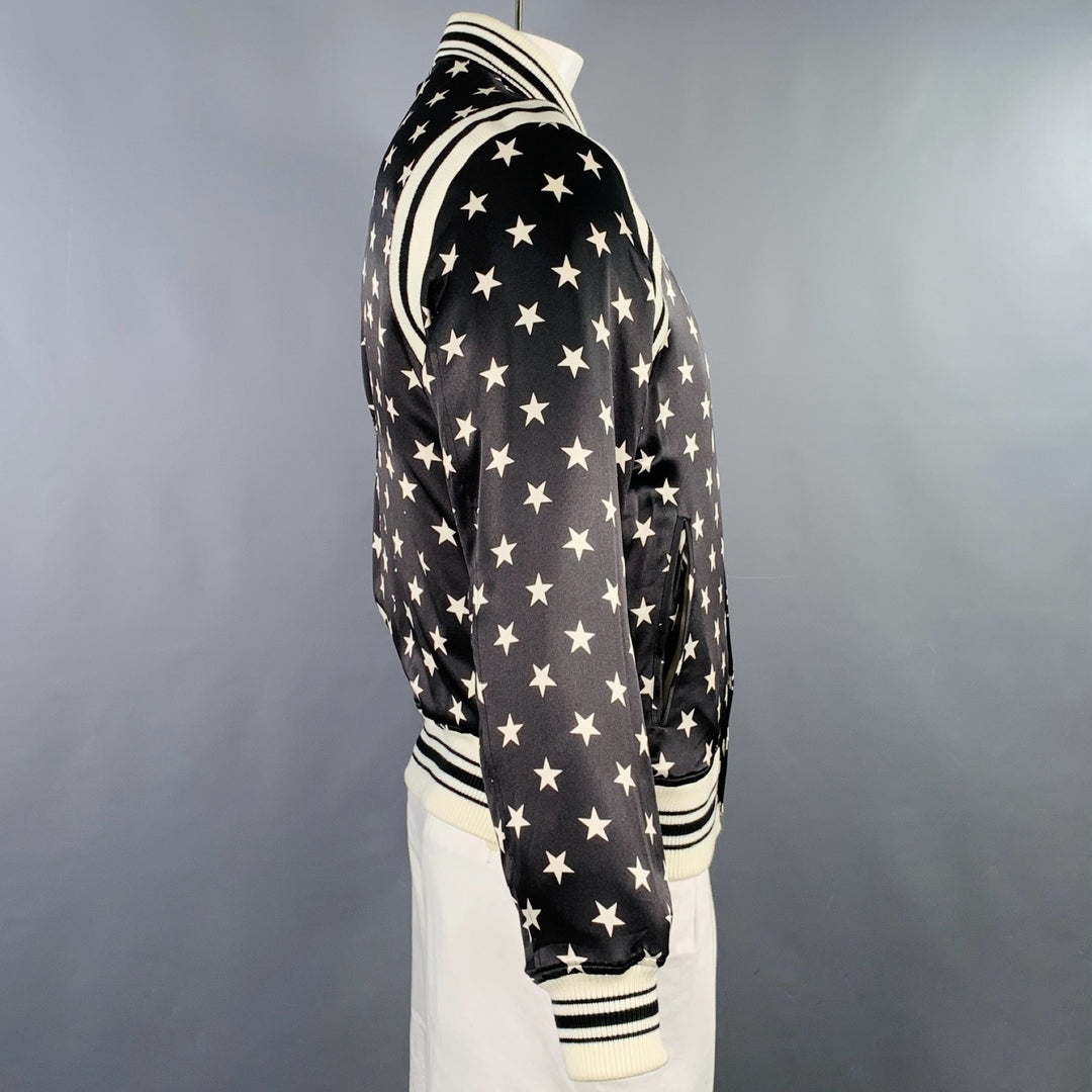 OVADIA & SONS Size M Black Cream Stars Satin Bomber Jacket