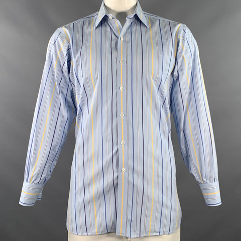 TURNBULL & ASSER Vintage Size L Blue Navy Yellow Stripe Cotton French Cuff Long Sleeve Shirt