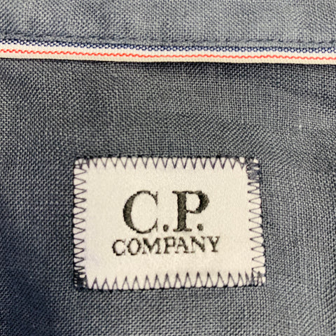 CP COMPANY Size L Grey Linen One Pocket Spread Collar Long Sleeve Shirt