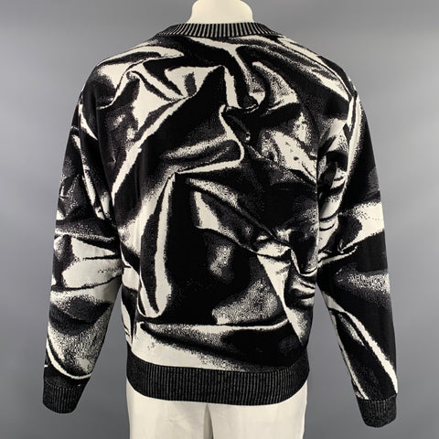 AGR Size L Black White & Grey Abstract Merino Wool Ribbed Sweater