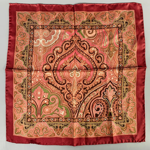ETRO Burgundy Olive Paisley Silk Pocket Square