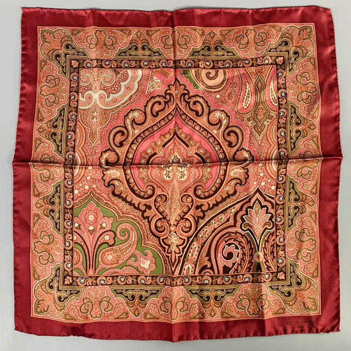 ETRO Burgundy Olive Paisley Silk Pocket Square