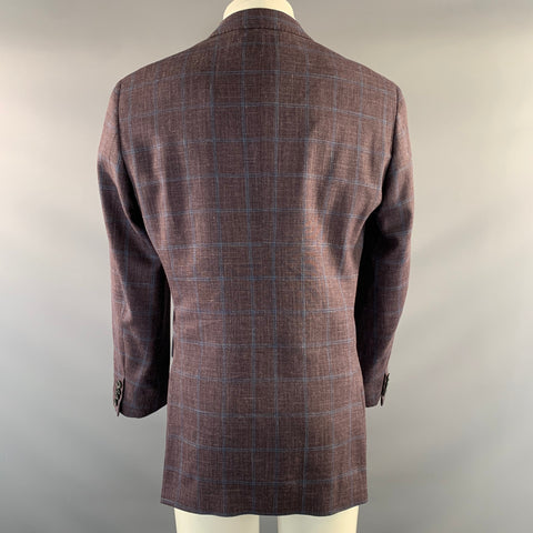 BARCELINO Chest Size 38 Purple Blue Plaid Wool Silk Linen Sport Coat