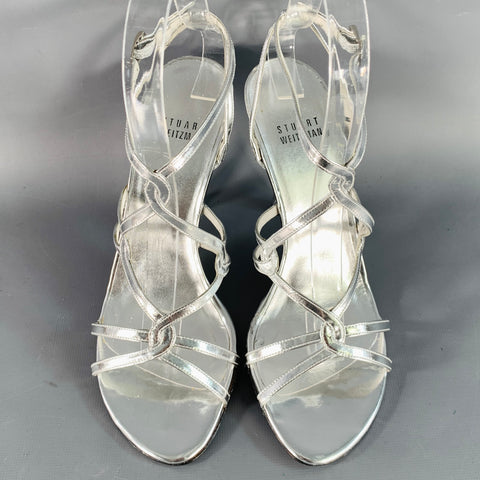 STUART WEITZMAN Size 6 Metallic Silver Patent Leather Strappy Ankle Strap Sandals