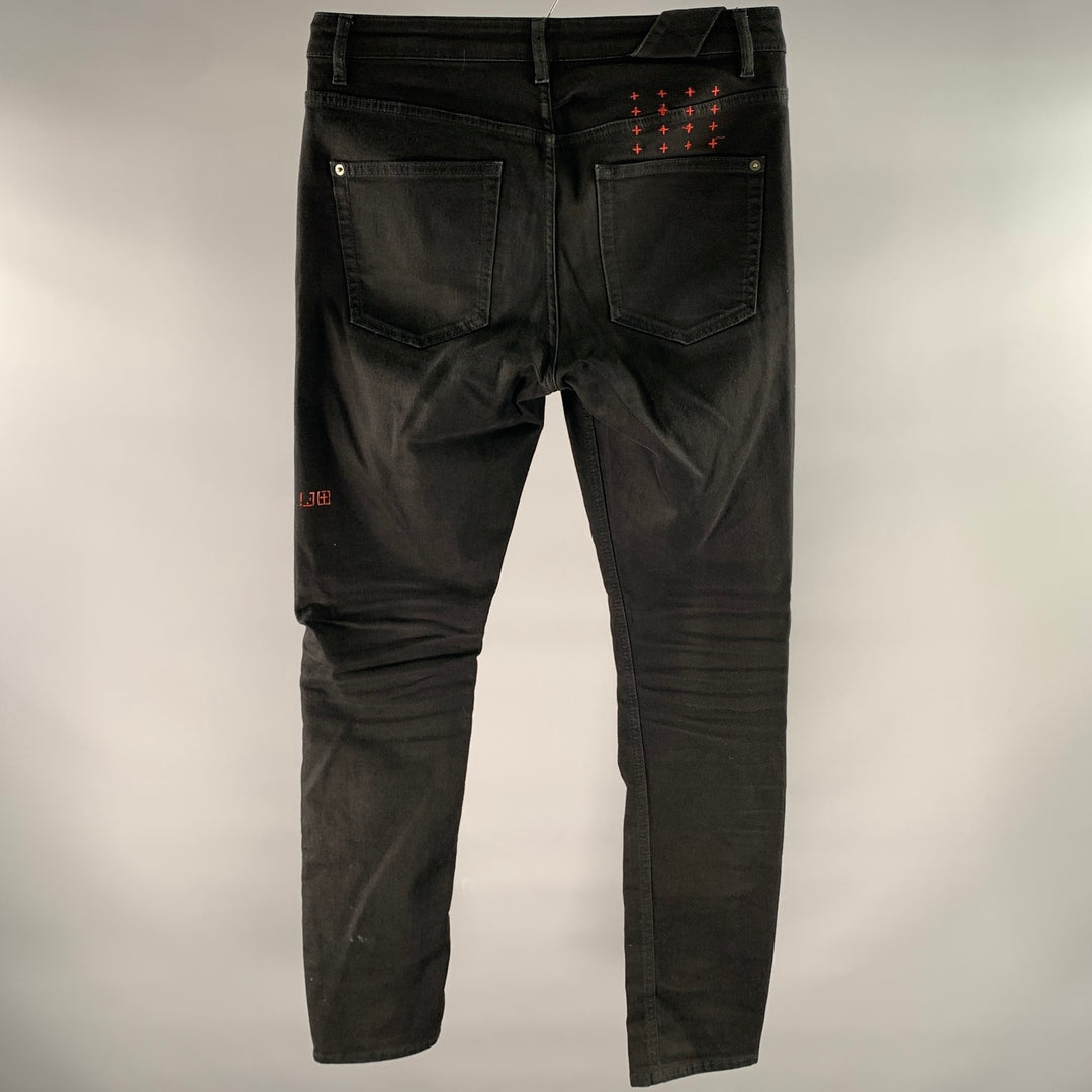 KSUBI Size 32 Black Embroidered Cotton Slim Fit Jeans