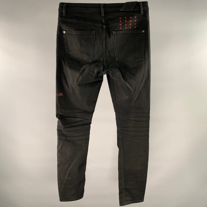 KSUBI Size 32 Black Embroidered Cotton Slim Fit Jeans