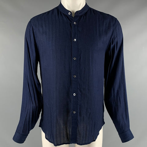 JOHN VARVATOS Size S Blue Navy Textured Viscose Nehru Collar Long Sleeve Shirt