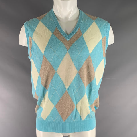 TURNBULL & ASSER Size M Blue Beige Argyle Cotton V-Neck Vest