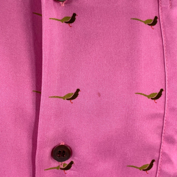 DRIES VAN NOTEN Size S Pink Green Black Birds Short Sleeve Shirt