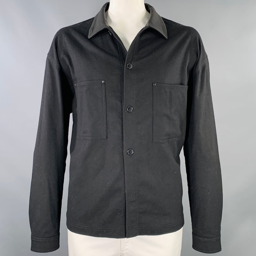 THE KOOPLES Size XXL Black Wool Blend Lambskin Collar Long Sleeve Shirt
