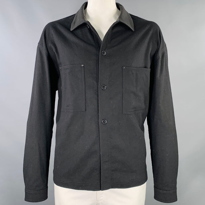 THE KOOPLES Size XXL Black Wool Blend Lambskin Collar Long Sleeve Shirt