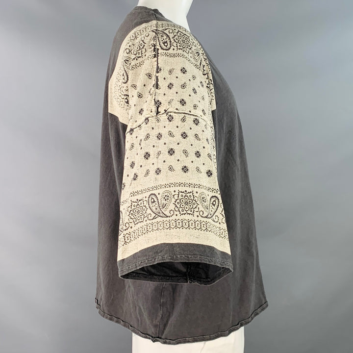 KAPITAL Size L Grey Cream Bandana Print Cotton One Pocket Oversized T-shirt