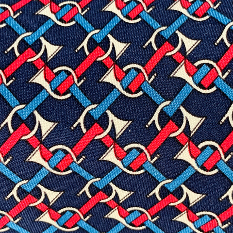 HERMES Navy Red Blue Woven Musical Horns Silk Tie
