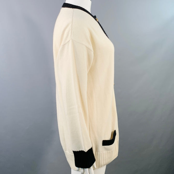 SAINT LAURENT Size L Cream Black Cashmere Contrast Trim Cardigan