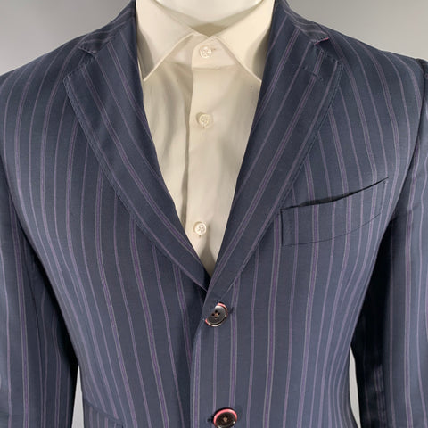 ETRO Size 38 Navy Purple Pinstripe Wool Notch Lapel Suit