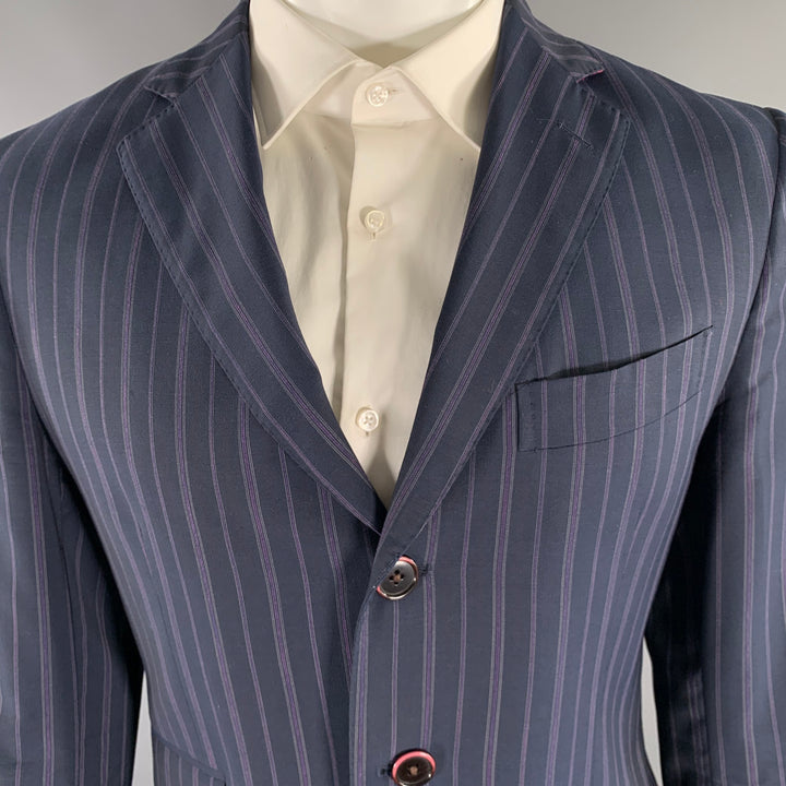 ETRO Size 38 Navy Purple Pinstripe Wool Notch Lapel Suit