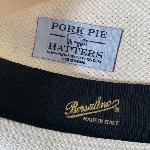 BORSALINO x PORK PIE HATTERS Cream Blue Woven Straw Fedora Hat