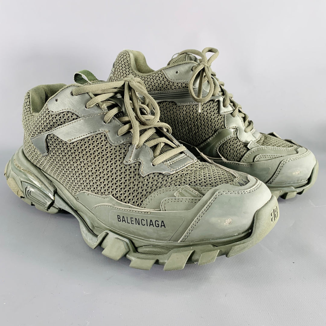 BALENCIAGA Size 11 Track 3 Green Olive Leather Nylon Lace-Up Sneakers