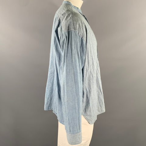 KAPITAL Size XL Blue White Stripe Cotton Linen Band Collar Long Sleeve Shirt
