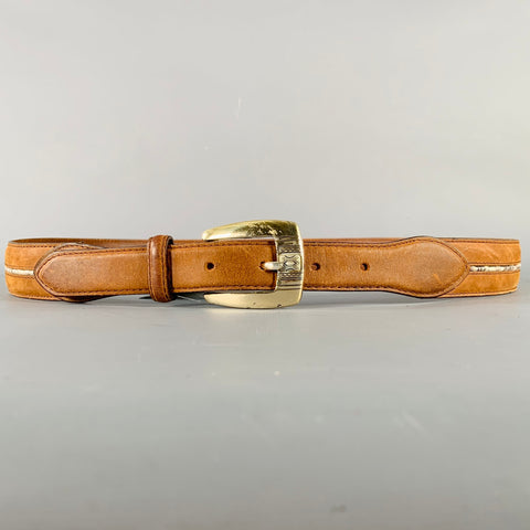VINTAGE Size 38 Brown White Beaded Leather Belt