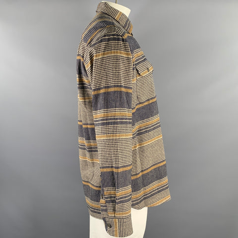 PENDLETON Size L Navy Tan Houndstooth Stripe Wool Long Sleeve Shirt