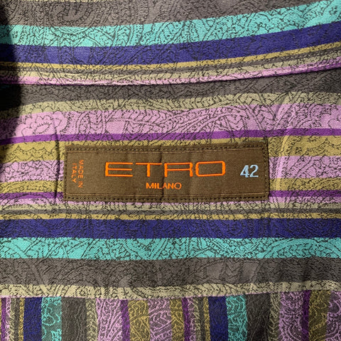 ETRO Size XL Purple Blue Brown Stripe Paisley Long Sleeve Shirt