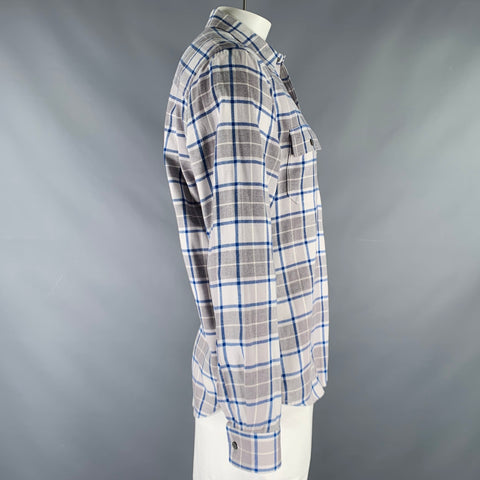 FRAME Size L White Grey Navy Cotton Patch Pockets Long Sleeve Shirt