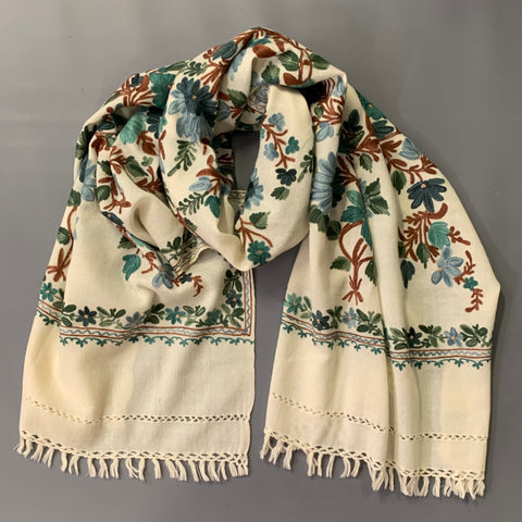Châle écharpe VINTAGE brodé floral franges blanc bleu vert