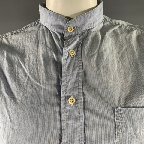 TAYLOR STITCH Size XL Blue White Micro Stripe Mandarin Collar Short Sleeve Shirt