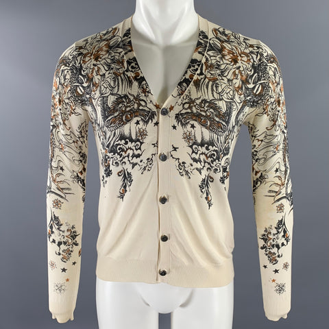 JOHN RICHMOND Size S Cream Tan Dragon Print Cotton Silk Cardigan