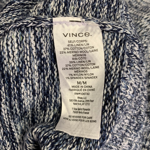 VINCE Size M Navy White Knit Linen Cotton Merino Wool Crew Neck Sweater