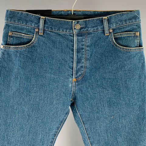 BALMAIN Size 32 Blue Contrast Stitch Cotton Blend Skinny Button Fly Jeans