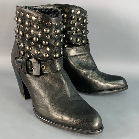 STUART WEITZMAN Size 7 Black Leather Studded Zip Belted Ankle Booties