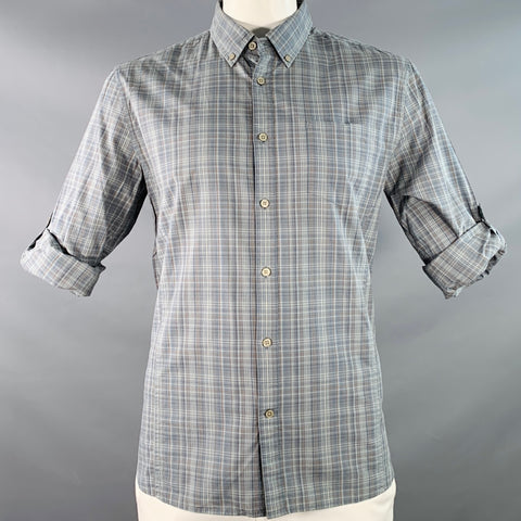 JOHN VARVATOS * U.S.A. Size L Blue Brown White Plaid Cotton Button Down Collar Roll Tab Long Sleeve Shirt
