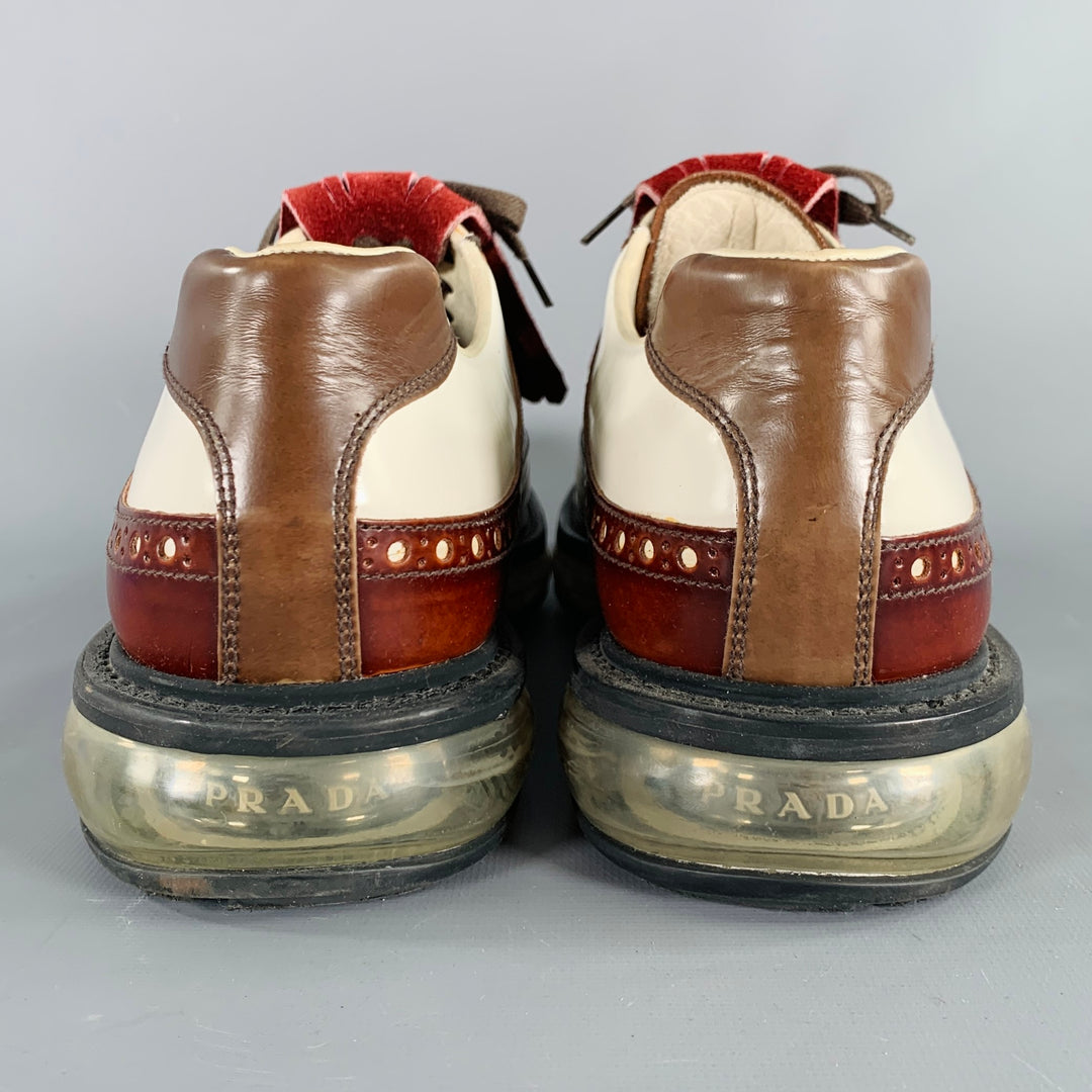 PRADA Size 11 White Burgundy Perforated Leather Lace-Up  display picture 3