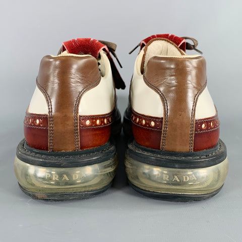 PRADA Size 12 White Burgundy Perforated Leather Lace-Up Shoes