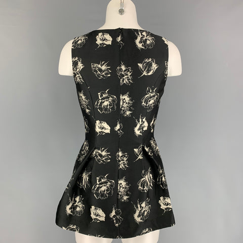 LELA ROSE Taille S Blouse péplum florale en satin blanc noir