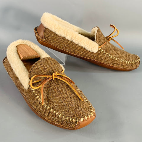 RALPH LAUREN Size 10.5 Yarmond Brown Cream Herringbone Wool Moccasin Loafers