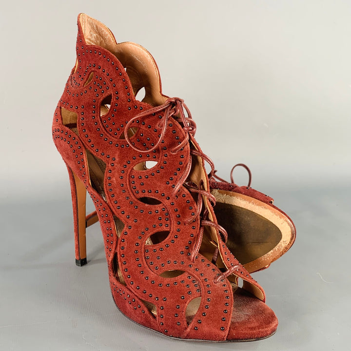 ALAIA Size 9.5 Burgundy Suede Studded Cutout Lace-Up Sandals