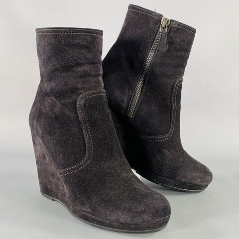 PRADA Size 7.5 Black Suede Wedge Ankle Boots