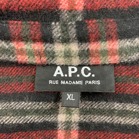 A.P.C. Size XL Black Red White Plaid Wool Nylon Button Up Long Sleeve Shirt